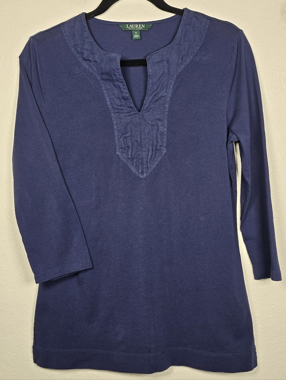 Lauren Ralph Lauren Blue Cotton Tunic Top Medium M 3/4 Sleeve Side Vent